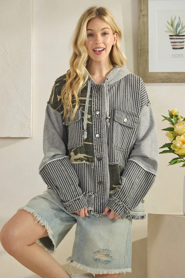 Stripe Hooded Button Down Jacket Grey Camo