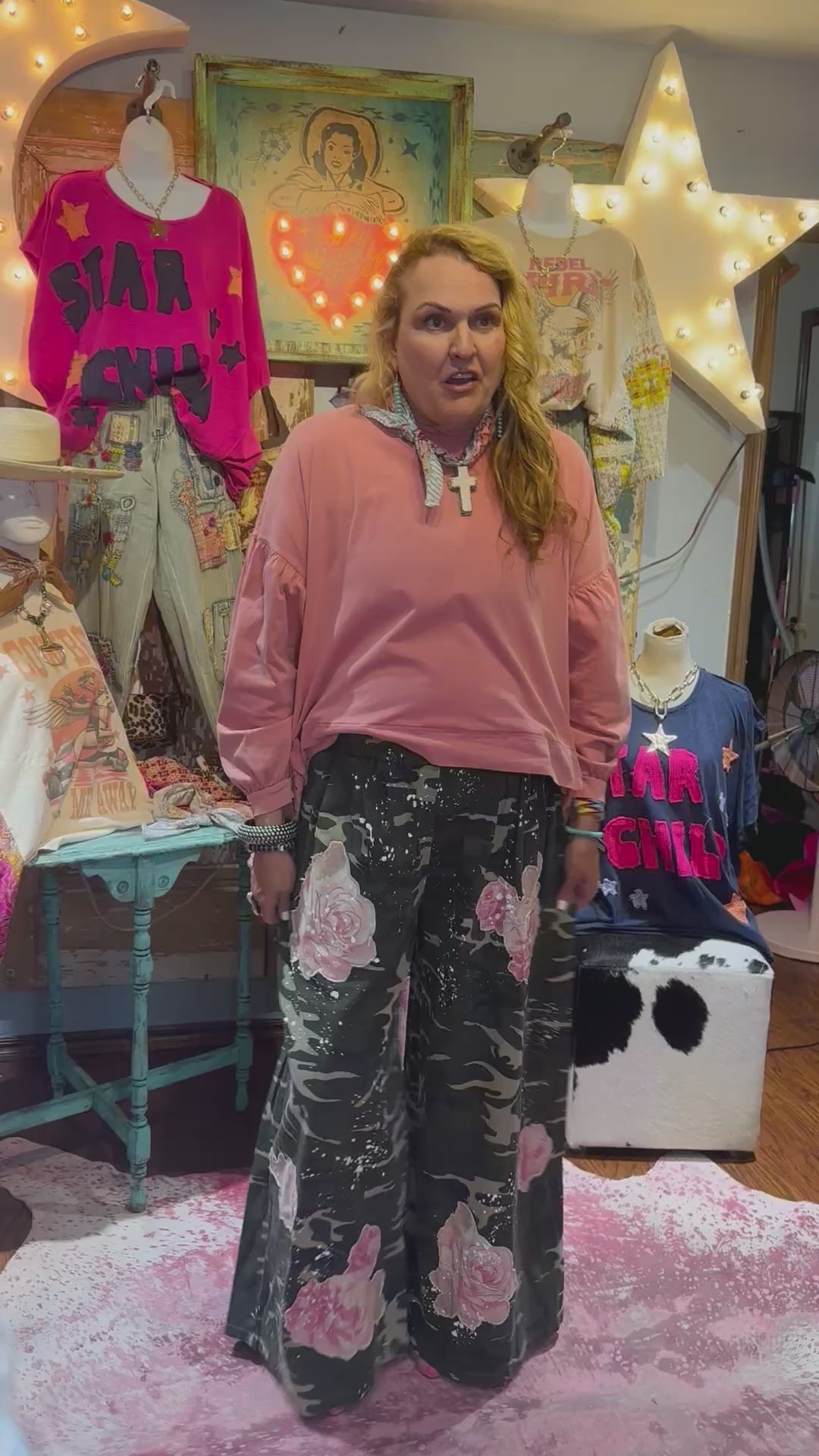 Blue Velvet Camo Print Flower Wide Leg Pants – Vintage Gypsy Boutique