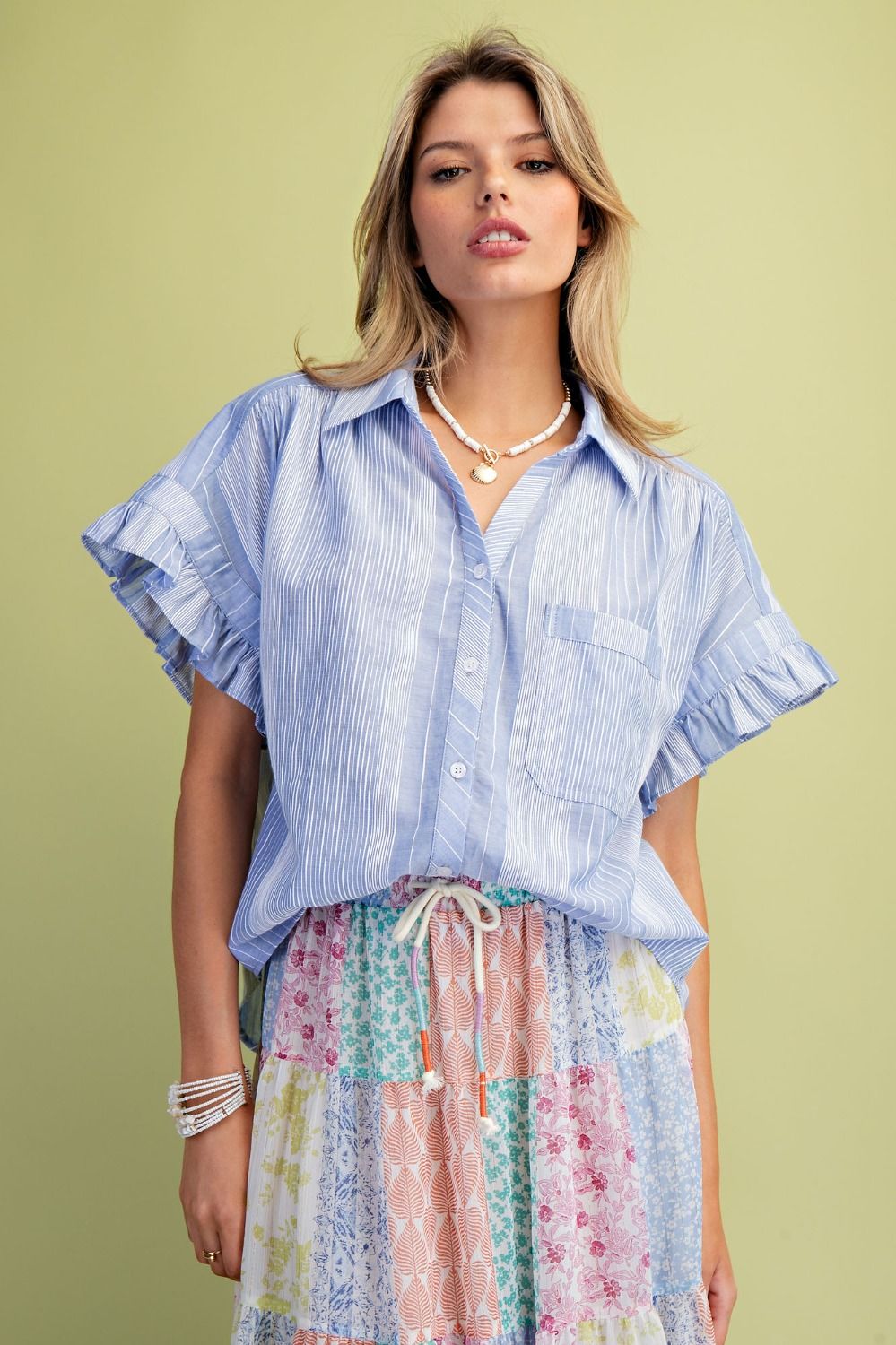 Easel Blue Stripe Cotton Button Down Top