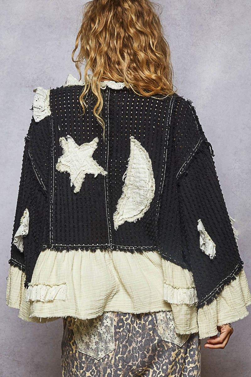 POL Star and Moon Black Waffle Knit with Gauze Ruffle