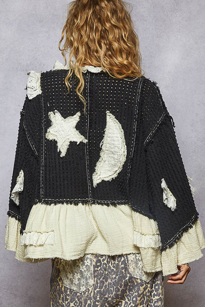 POL Star and Moon Black Waffle Knit with Gauze Ruffle