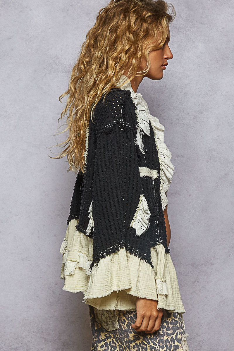 POL Star and Moon Black Waffle Knit with Gauze Ruffle