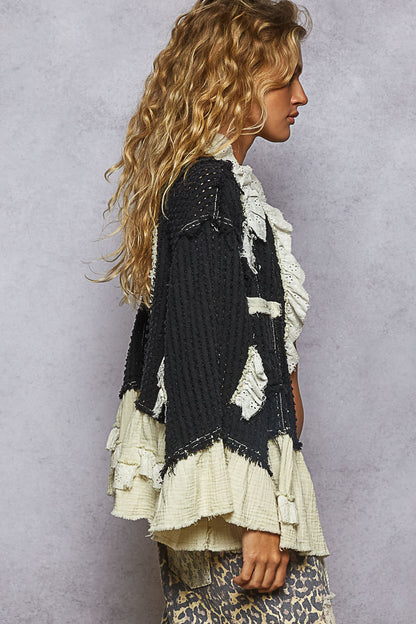 POL Star and Moon Black Waffle Knit with Gauze Ruffle