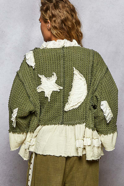 POL Star and Moon Olive Waffle Knit with Gauze Ruffle