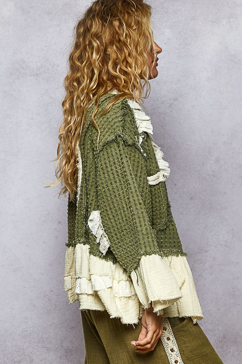 POL Star and Moon Olive Waffle Knit with Gauze Ruffle