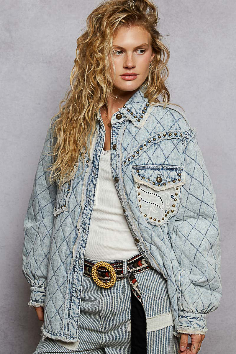 POL Quilted Western-Inspired Denim Jacket