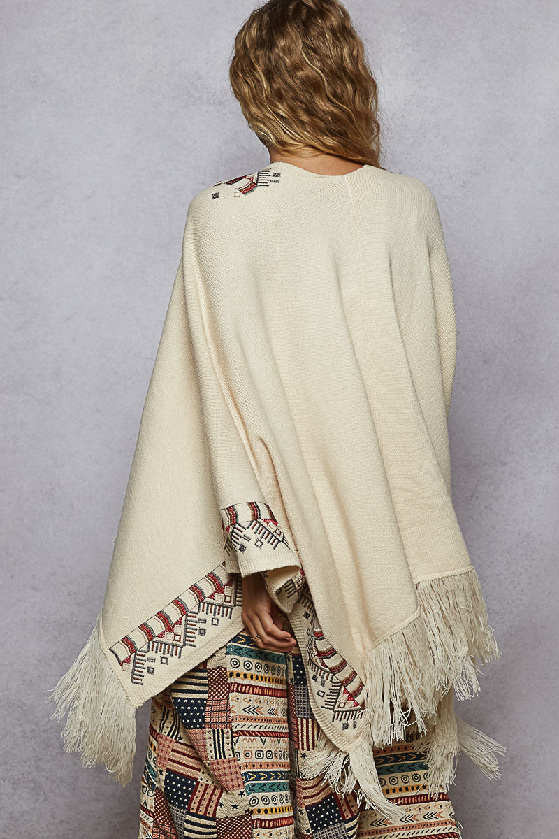 Aztec-Inspired Embroidered Poncho Almond Cream
