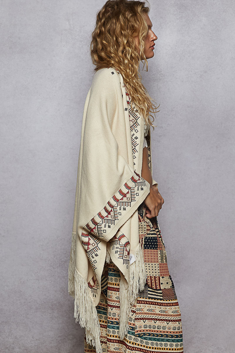 Aztec-Inspired Embroidered Poncho Almond Cream