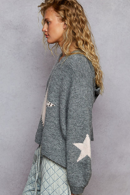 Studded Star Balloon Sleeve Hoodie Heather Grey
