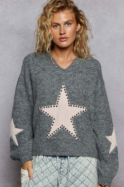 Studded Star Balloon Sleeve Hoodie Heather Grey