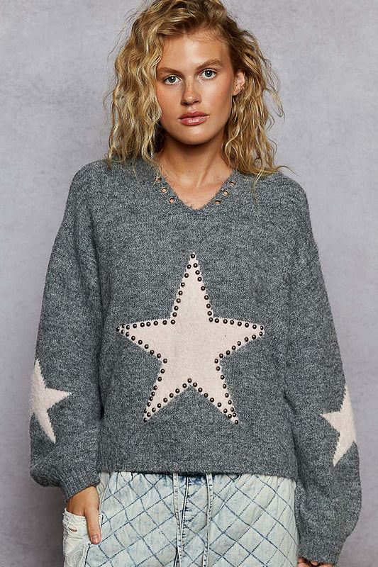 Studded Star Balloon Sleeve Hoodie Heather Grey