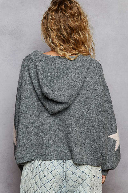 Studded Star Balloon Sleeve Hoodie Heather Grey
