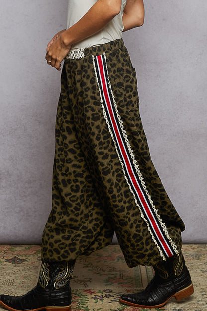 Olive Leopard Jogger Pants with Red Stripe