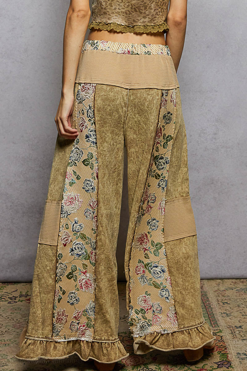 POL French Terry Floral Patchwork Pants with Ruffle Hem