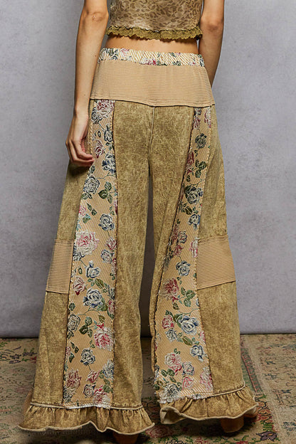 POL French Terry Floral Patchwork Pants with Ruffle Hem