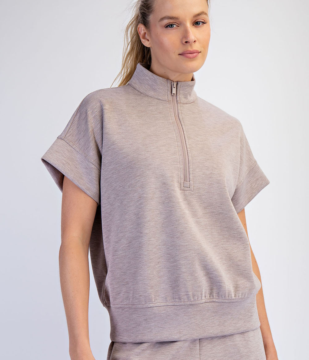 Modal Scuba Quarter Zip Short Sleeve Top Heather Taupe