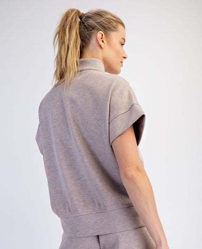 Modal Scuba Quarter Zip Short Sleeve Top Heather Taupe