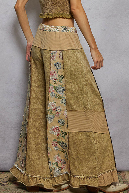 POL French Terry Floral Patchwork Pants with Ruffle Hem