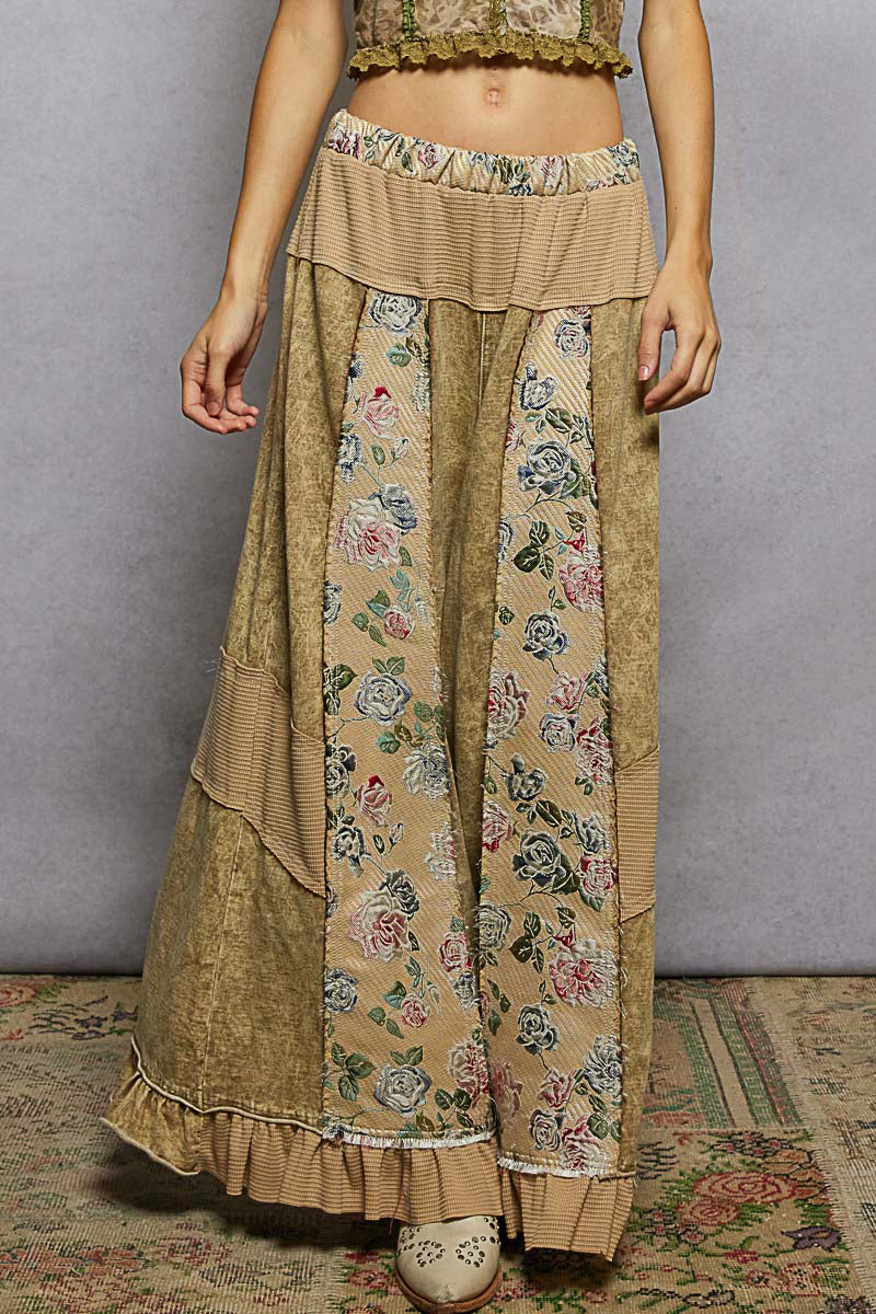 POL French Terry Floral Patchwork Pants with Ruffle Hem