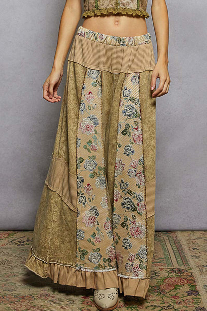 POL French Terry Floral Patchwork Pants with Ruffle Hem