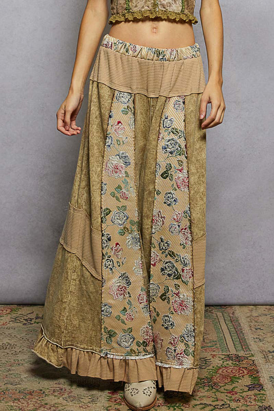 POL French Terry Floral Patchwork Pants with Ruffle Hem