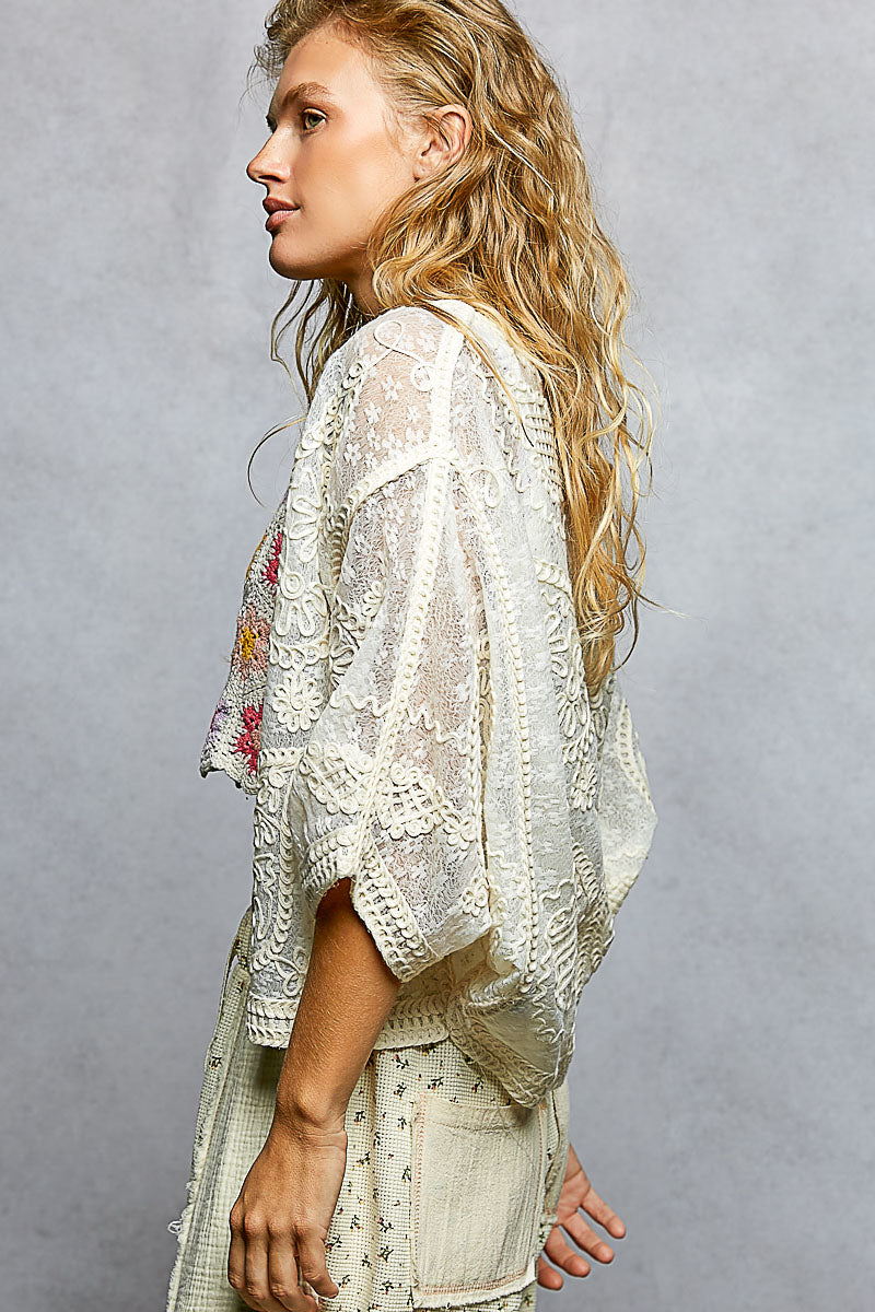 POL Natural Embroidered Cardigan