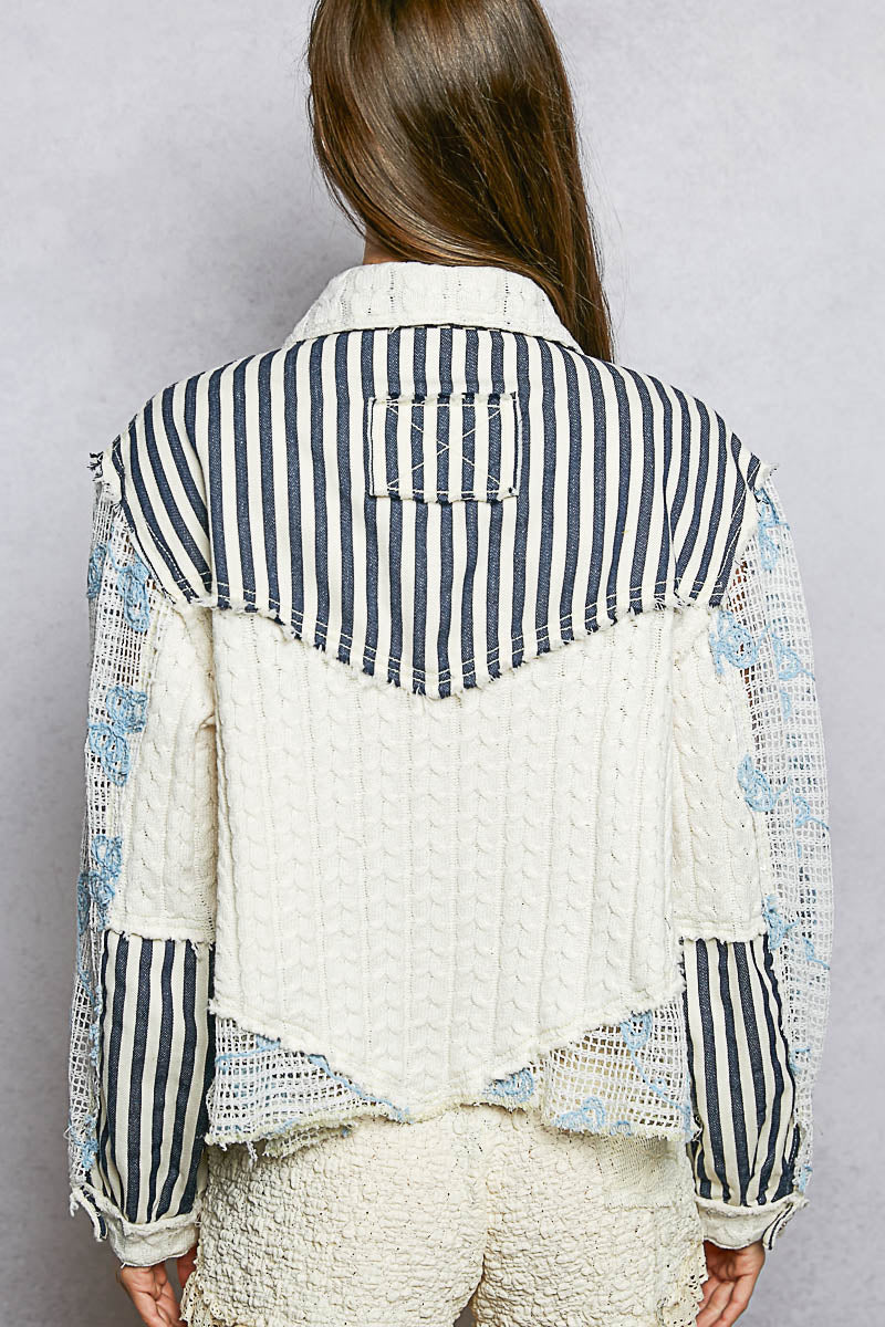 POL Embroidered Lace Top Striped Indigo