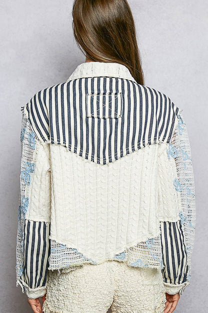 POL Embroidered Lace Top Striped Indigo