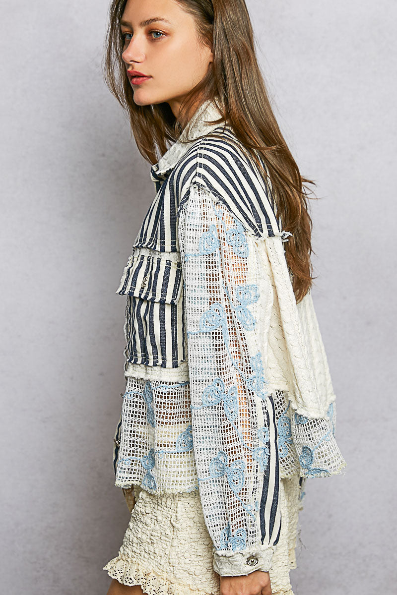 POL Embroidered Lace Top Striped Indigo