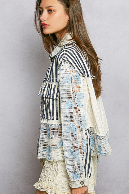 POL Embroidered Lace Top Striped Indigo