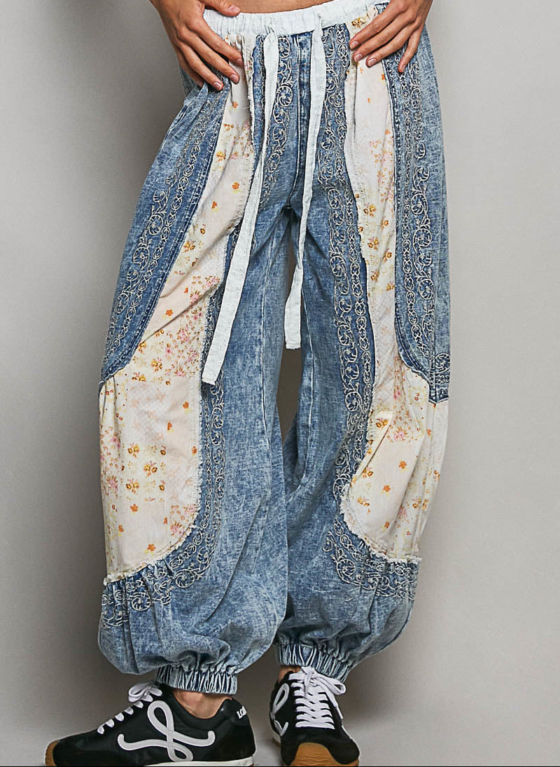 POL Floral Denim Jogger Pants