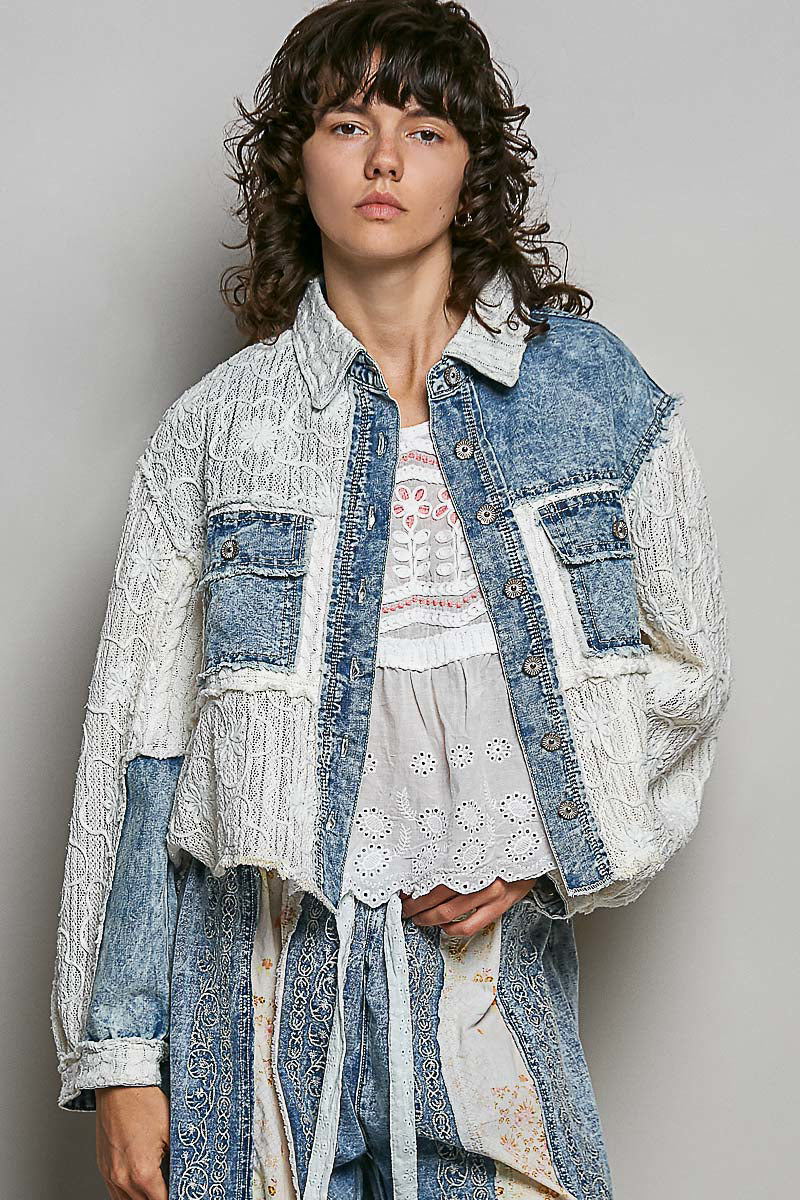 POL Embroidered Lace Top Denim Multi
