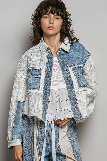 POL Embroidered Lace Top Denim Multi