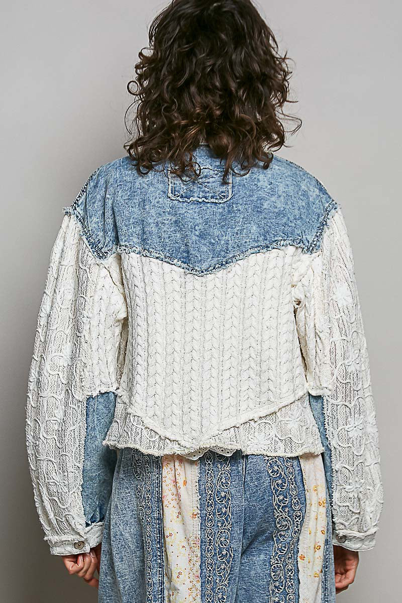 POL Embroidered Lace Top Denim Multi