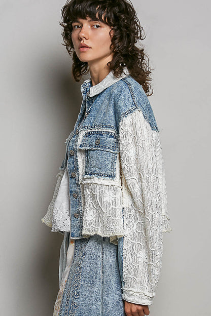 POL Embroidered Lace Top Denim Multi