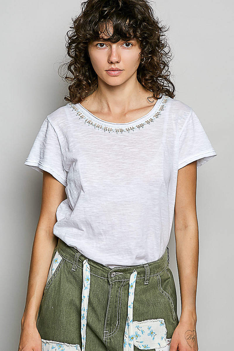 POL Off White Detail Neck Top