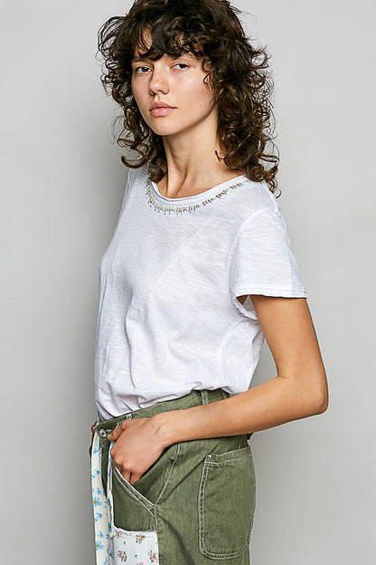 POL Off White Detail Neck Top