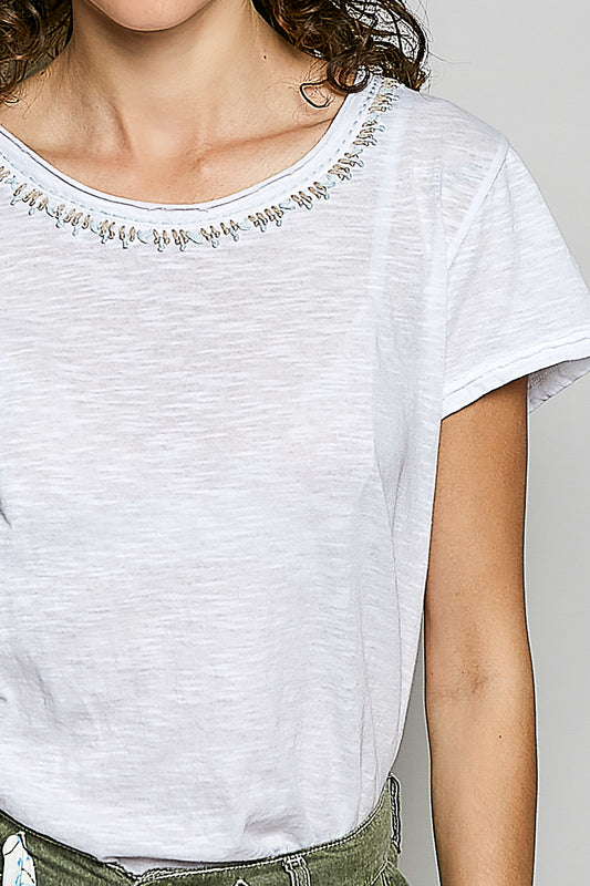 POL Off White Detail Neck Top