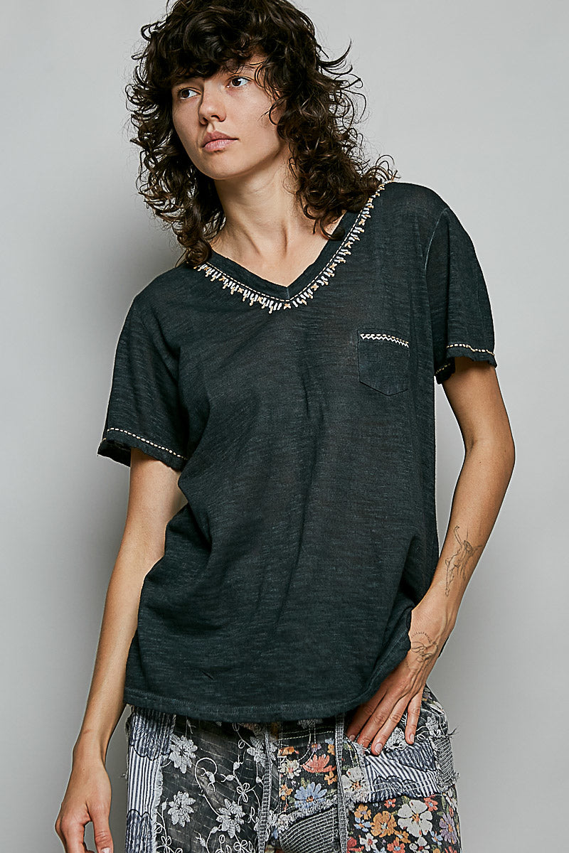 POL Black Hand Stitched Detail Pocket Top