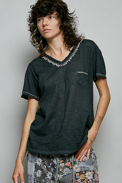 POL Black Hand Stitched Detail Pocket Top