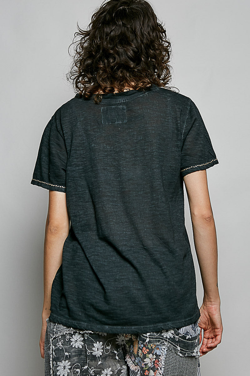 POL Black Hand Stitched Detail Pocket Top