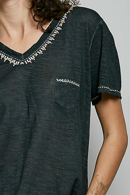 POL Black Hand Stitched Detail Pocket Top