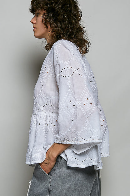 POL Off White Eyelet Peplum Top