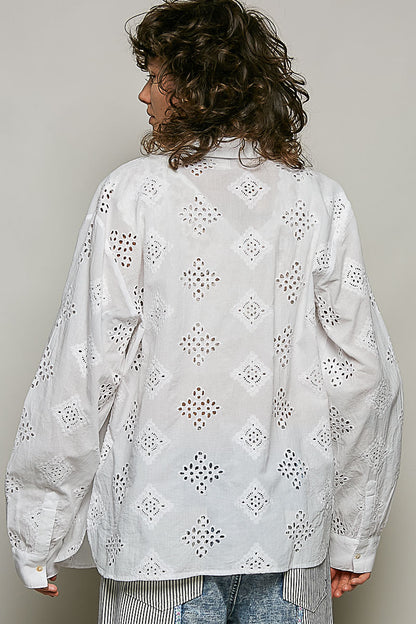 POL White Long Sleeve Eyelet Button Down Top