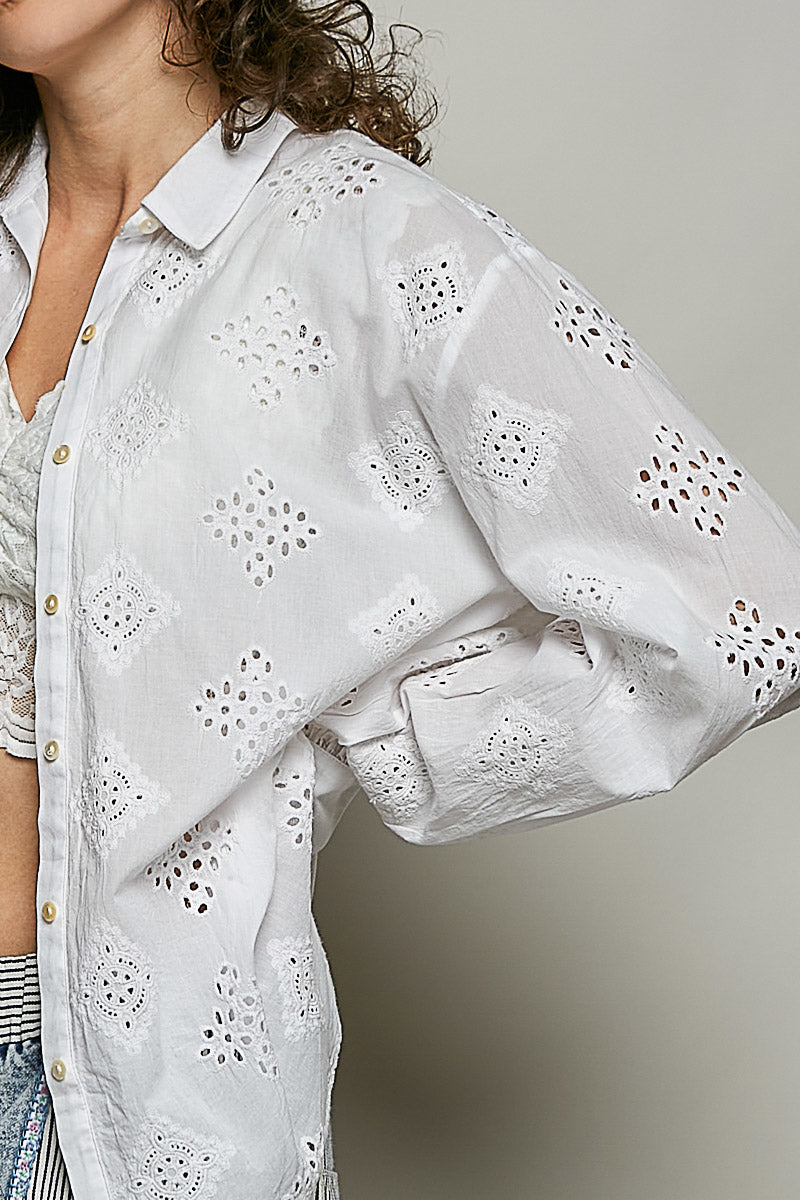 POL White Long Sleeve Eyelet Button Down Top
