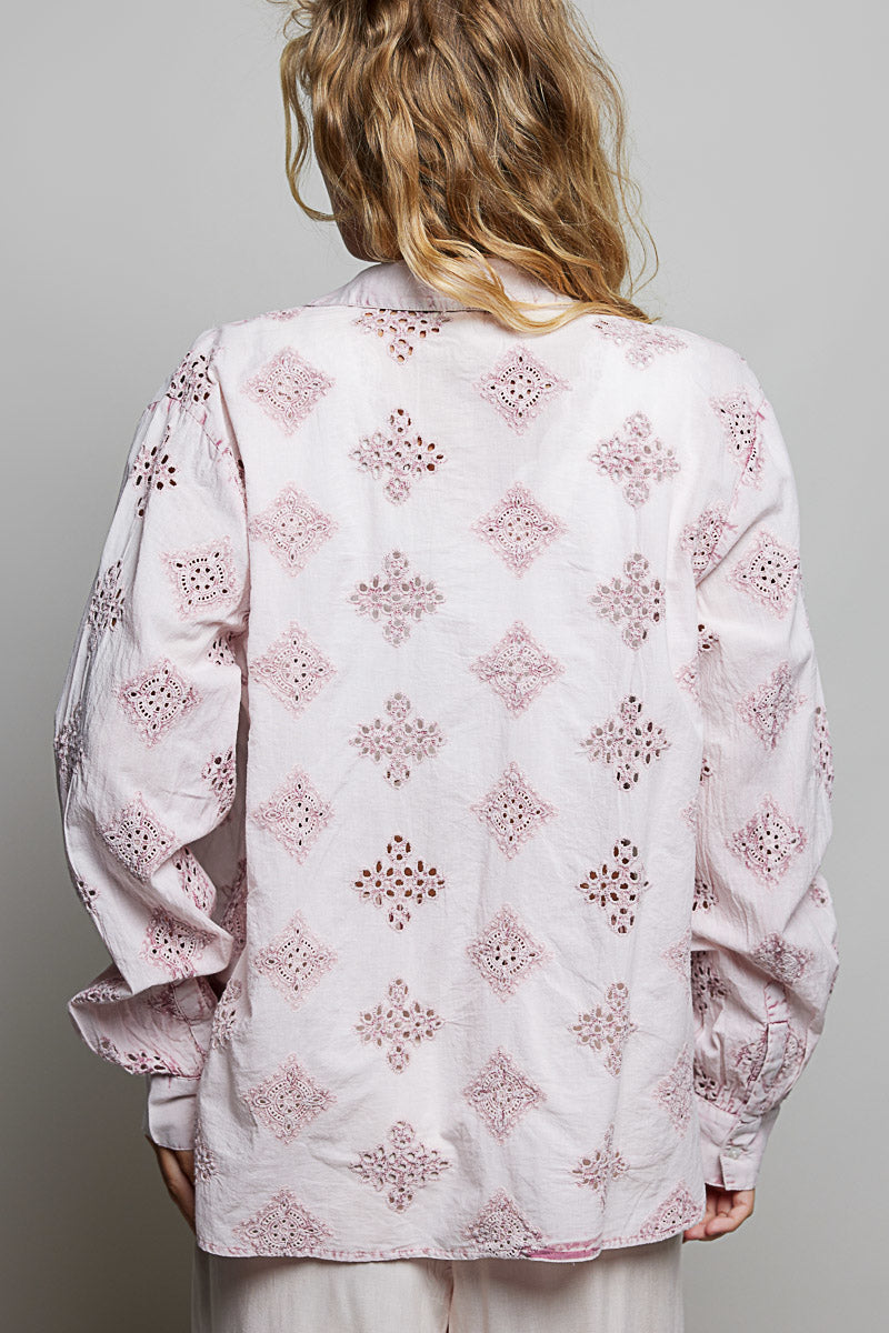 POL Rose Pink Long Sleeve Eyelet Button Down Top