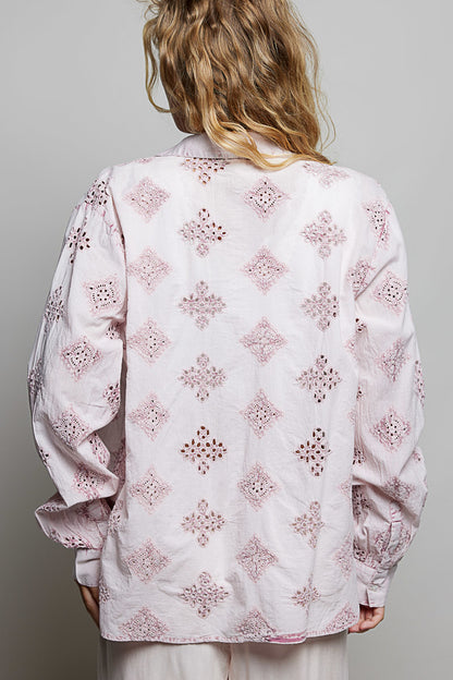POL Rose Pink Long Sleeve Eyelet Button Down Top