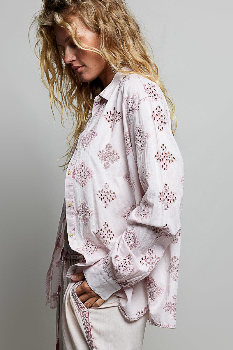 POL Rose Pink Long Sleeve Eyelet Button Down Top