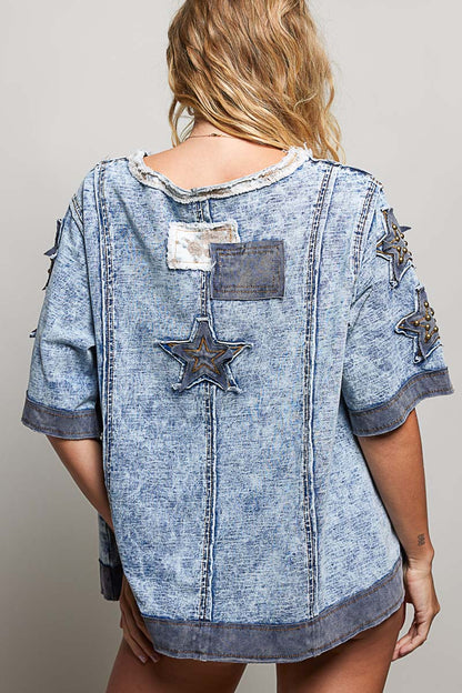 POL Denim Star Stud Patchwork Top