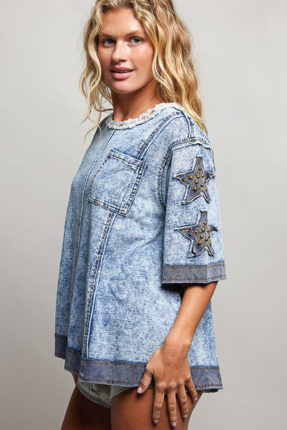 POL Denim Star Stud Patchwork Top